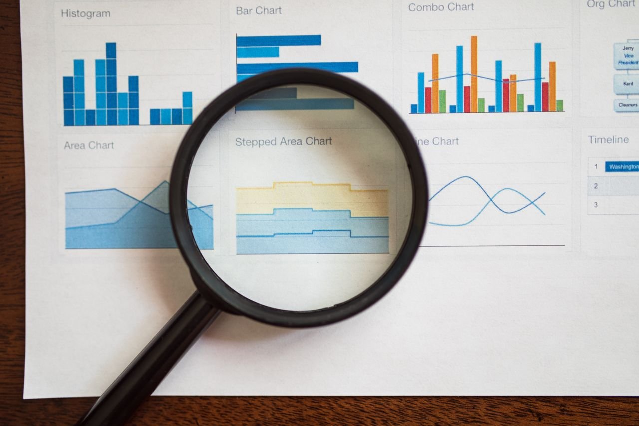 Mastering the First Impression: Your intriguing post title goes here A magnifying glass focuses on various business charts and graphs on paper.